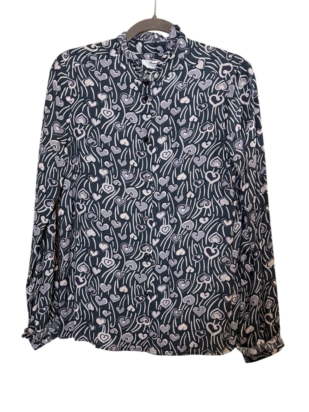 Bonpoint Paris Women’s Jadis Button-Down Ruffle Blouse White Artsy Heart Print